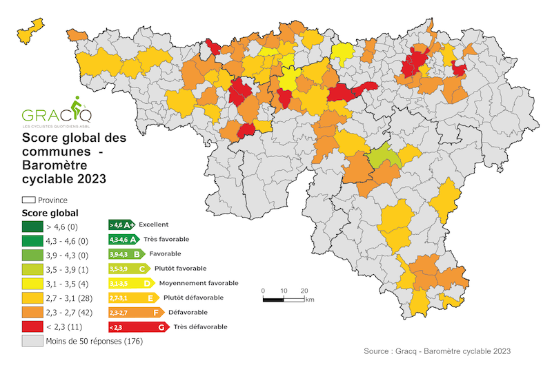 Carte des communes classées au baromètre cyclable wallon (2023)