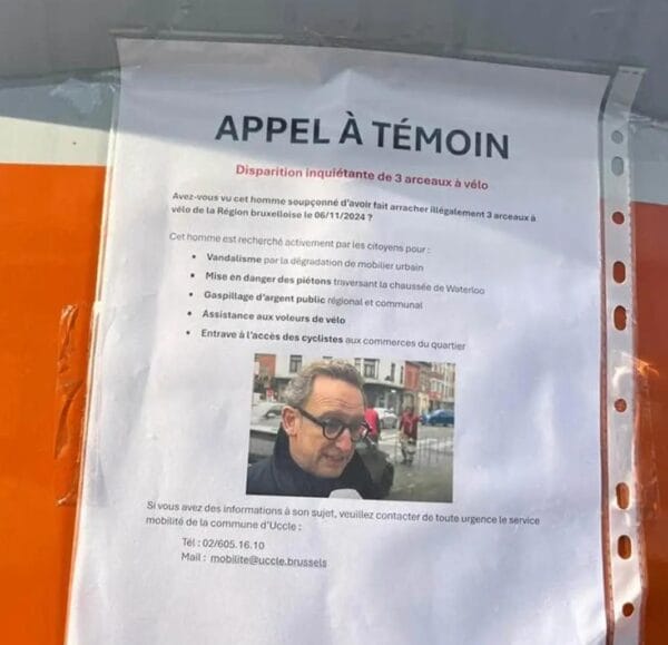 Appel à témoin humoristique pour dénoncer la destruction d'arceaux vélo à Uccle par décision du bourgmestre.