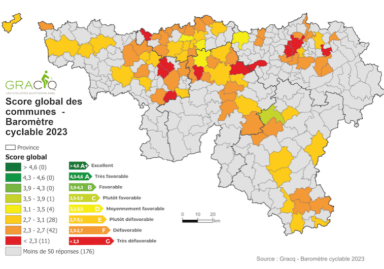 Carte des communes classées au baromètre cyclable wallon (2023)